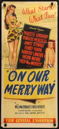 8w0557 ON OUR MERRY WAY Aust daybill 1948 completely different art of sexy Paulette Goddard!