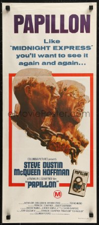 8w0561 PAPILLON Aust daybill R1970s art of prisoners Steve McQueen & Dustin Hoffman by Tom Jung!