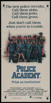 8w0575 POLICE ACADEMY Aust daybill 1984 Steve Guttenberg, Kim Cattrall, Drew Struzan police artwork!