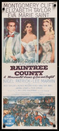 8w0587 RAINTREE COUNTY Aust daybill 1958 art of Montgomery Clift, Elizabeth Taylor & Eva Marie Saint!