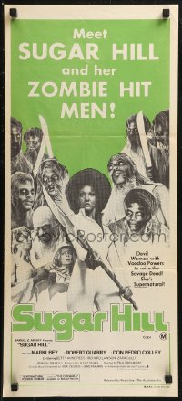 8w0616 SUGAR HILL Aust daybill 1974 meet sexy Marki Bey and her wild black zombie hit men!