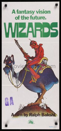 8w0648 WIZARDS Aust daybill 1977 Ralph Bakshi directed, cool fantasy art by William Stout!