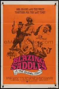 8w0747 BLAZING SADDLES int'l 1sh 1974 Mel Brooks, different cast montage on orange background