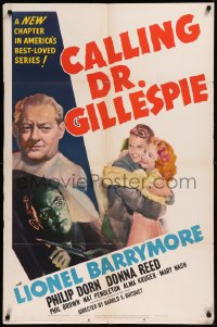 8w0773 CALLING DR. GILLESPIE 1sh 1942 artwork of Lionel Barrymore, Philip Dorn & young Donna Reed!