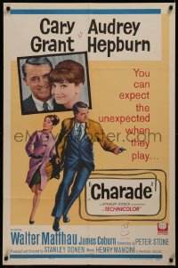 8w0778 CHARADE 1sh 1963 art of tough Cary Grant & sexy Audrey Hepburn, expect the unexpected!