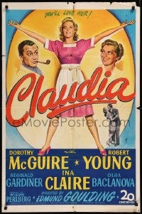 8w0788 CLAUDIA 1sh 1943 art of full-length Dorothy McGuire, Robert Young & Ina Claire!