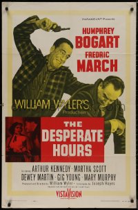 8w0831 DESPERATE HOURS 1sh 1955 Humphrey Bogart attacks Fredric March from behind, William Wyler