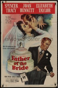 8w0886 FATHER OF THE BRIDE 1sh 1950 art of Liz Taylor in wedding gown & broke Spencer Tracy!