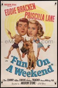 8w0922 FUN ON A WEEKEND 1sh 1947 wacky art of Eddie Bracken, Priscilla Lane, & Great Dane!