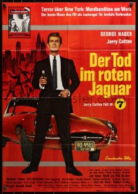8w0206 DEATH IN THE RED JAGUAR German 1968 cool art of George Nader with gun and great car!