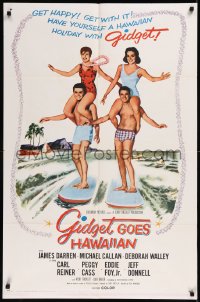 8w0929 GIDGET GOES HAWAIIAN 1sh 1961 best image of two guys surfing with girls on their shoulders!