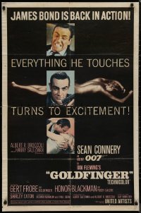 8w0938 GOLDFINGER 1sh 1964 three great images of Sean Connery as James Bond 007 with glossy finish!