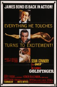 8w0937 GOLDFINGER 1sh R1980 three images of Sean Connery as James Bond 007, he's back in action!