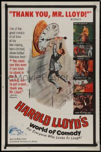 8w0956 HAROLD LLOYD'S WORLD OF COMEDY 1sh 1962 classic image hanging from clock from Safety Last!