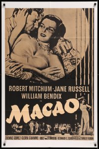 8w1043 MACAO military 1sh R1960s Josef von Sternberg, best art of Robert Mitchum & sexy Jane Russell!