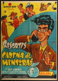 8w0132 CADENA DE MENTIRAS Mexican poster 1955 wacky cartoon art of comedian Resortes by Cabral!