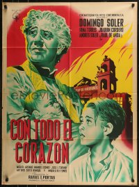 8w0135 CON TODO EL CORAZON Mexican poster 1951 Mendoza art of priest w/baby by destroyed church!
