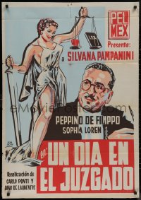 8w0152 DAY IN COURT export Mexican poster 1954 Un giomo in pretura, art of judge with Lady Justice!
