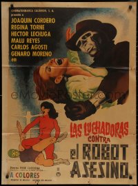 8w0139 LAS LUCHADORAS CONTRA EL ROBOT ASESINO Mexican poster 1969 Cardona, sexy and wild art with creepy villain!