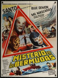 8w0141 MISTERIO EN LAS BERMUDAS Mexican poster 1979 Santo, Blue Demon, Mil Mascaras!