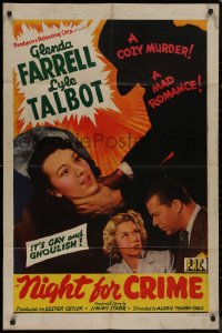 8w1101 NIGHT FOR CRIME 1sh 1943 Glenda Farrell, Lyle Talbot, it's gay and ghoulish!