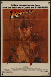 8w1158 RAIDERS OF THE LOST ARK 1sh 1981 great art of adventurer Harrison Ford by Richard Amsel