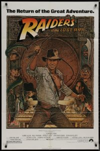 8w1157 RAIDERS OF THE LOST ARK 1sh R1980s great Richard Amsel art of adventurer Harrison Ford!
