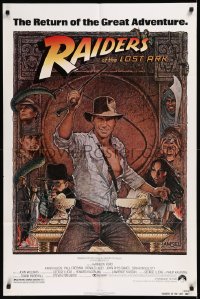 8w1159 RAIDERS OF THE LOST ARK 1sh R1982 great Richard Amsel art of adventurer Harrison Ford!