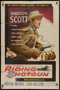 8w1169 RIDING SHOTGUN 1sh 1954 great artwork of cowboy Randolph Scott with smoking gun!