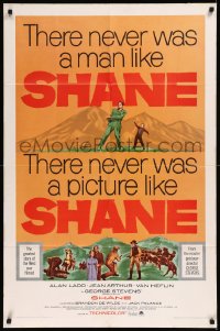 8w1207 SHANE 1sh R1966 most classic western, Alan Ladd, Jean Arthur, Van Heflin, De Wilde!