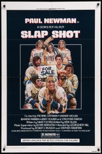 8w1219 SLAP SHOT 1sh 1977 hockey sports classic, great different cartoon art by R.G.!