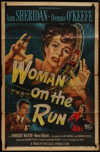 8w1326 WOMAN ON THE RUN 1sh 1950 anguished Ann Sheridan & O'Keefe w/gun + rollercoaster, noir!