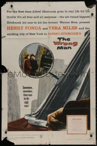 8w1328 WRONG MAN 1sh 1957 Henry Fonda, Vera Miles, Alfred Hitchcock, cool rear view mirror art!