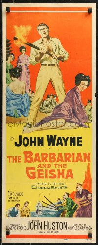 8x0432 BARBARIAN & THE GEISHA insert 1958 John Huston, art of John Wayne with torch & Eiko Ando!
