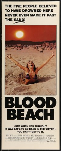 8x0439 BLOOD BEACH insert 1981 Jaws parody tagline, image of sexy girl in bikini sinking in sand!