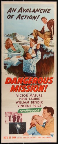 8x0449 DANGEROUS MISSION insert 1954 Victor Mature, Piper Laurie, an avalanche of action!