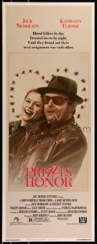 8x0533 PRIZZI'S HONOR insert 1985 Bryan art of smoking Jack Nicholson & Kathleen Turner w/bullet holes!