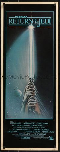 8x0540 RETURN OF THE JEDI int'l insert 1983 George Lucas, art of hands holding lightsaber by Reamer!