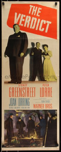 8x0572 VERDICT insert 1946 Peter Lorre pointing gun, Sydney Greenstreet, Joan Lorring, Don Siegel