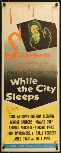 8x0577 WHILE THE CITY SLEEPS insert 1956 great image of Lipstick Killer's victim, Fritz Lang noir!