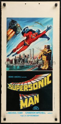 8x0989 SUPERSONIC MAN Italian locandina 1979 wacky Tino Avelli superhero art with giant robot in NYC!