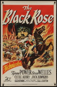 8y0879 BLACK ROSE 1sh 1950 great fiery action artwork of Tyrone Power & Orson Welles!