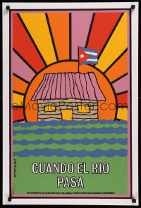 8y0638 CUANDO EL RIO PASO Cuban 1987 Centeno, great Emeria silkscreen art of sunset & Cuban flag!