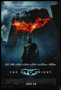 8y0915 DARK KNIGHT int'l advance DS 1sh 2008 Christian Bale as Batman in front of burning bat symbol!