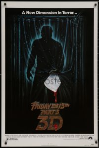 8y0970 FRIDAY THE 13th PART 3 - 3D 1sh 1982 slasher sequel, art of Jason stabbing through shower!