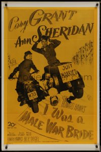 8y1030 I WAS A MALE WAR BRIDE military 1sh R1960s cross-dresser Cary Grant & Sheridan on motorcycle!