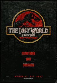 8y1067 JURASSIC PARK 2 teaser DS 1sh 1997 Spielberg, classic logo with T-Rex over red background!