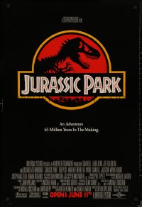 8y1064 JURASSIC PARK advance 1sh 1993 Steven Spielberg, classic logo with T-Rex over red background