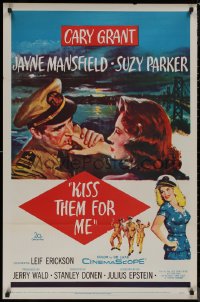 8y1075 KISS THEM FOR ME 1sh 1957 romantic art of Cary Grant & Suzy Parker + sexy Jayne Mansfield!