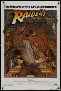 8y1183 RAIDERS OF THE LOST ARK 1sh R1982 great Richard Amsel art of adventurer Harrison Ford!